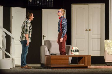 DNIPRO, UKRAINE - NOVEMBER 13, 2020:  Caught in the Net  by Ray Cooney performed by members of the Dnipro State Drama and Comedy Theatre.