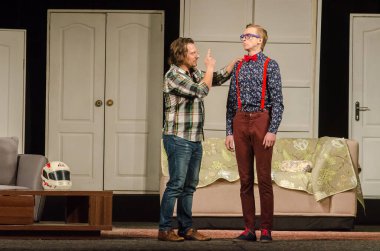 DNIPRO, UKRAINE - NOVEMBER 13, 2020:  Caught in the Net  by Ray Cooney performed by members of the Dnipro State Drama and Comedy Theatre.