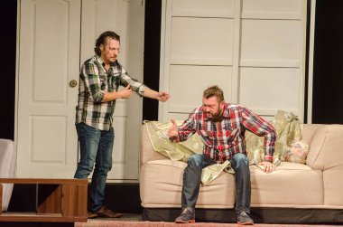 DNIPRO, UKRAINE - NOVEMBER 13, 2020:  Caught in the Net  by Ray Cooney performed by members of the Dnipro State Drama and Comedy Theatre.