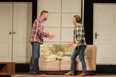 DNIPRO, UKRAINE - NOVEMBER 13, 2020:  Caught in the Net  by Ray Cooney performed by members of the Dnipro State Drama and Comedy Theatre.