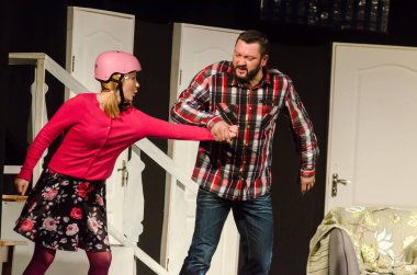 DNIPRO, UKRAINE - NOVEMBER 13, 2020:  Caught in the Net  by Ray Cooney performed by members of the Dnipro State Drama and Comedy Theatre.