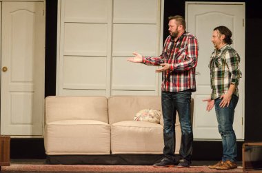 DNIPRO, UKRAINE - NOVEMBER 13, 2020:  Caught in the Net  by Ray Cooney performed by members of the Dnipro State Drama and Comedy Theatre.