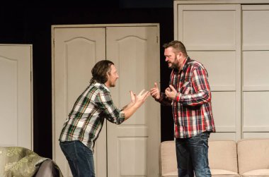 DNIPRO, UKRAINE - NOVEMBER 13, 2020:  Caught in the Net  by Ray Cooney performed by members of the Dnipro State Drama and Comedy Theatre.