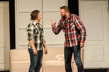 DNIPRO, UKRAINE - NOVEMBER 13, 2020:  Caught in the Net  by Ray Cooney performed by members of the Dnipro State Drama and Comedy Theatre.