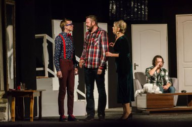 DNIPRO, UKRAINE - NOVEMBER 13, 2020:  Caught in the Net  by Ray Cooney performed by members of the Dnipro State Drama and Comedy Theatre.