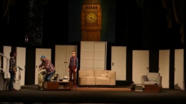 DNIPRO, UKRAINE - NOVEMBER 13, 2020:  Caught in the Net  by Ray Cooney performed by members of the Dnipro State Drama and Comedy Theatre.