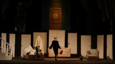 DNIPRO, UKRAINE - NOVEMBER 13, 2020:  Caught in the Net  by Ray Cooney performed by members of the Dnipro State Drama and Comedy Theatre.