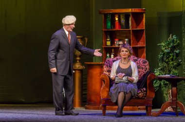 DNIPRO, UKRAINE - NOVEMBER 20, 2020: Francis Paul Veber 'in bir pisliğiyle akşam yemeği Dnipro State Drama ve Komedi Tiyatrosu üyeleri tarafından sahnelendi.