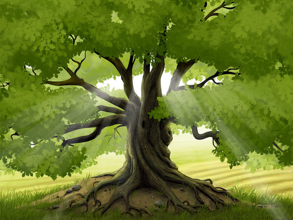 A digital illustration of a bushy oak tree with sun rays beaming through the branches.