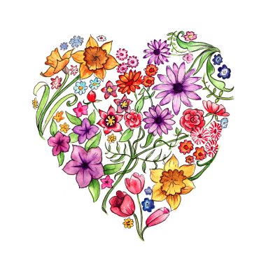 Tam renkli çiçek kalp çizimde