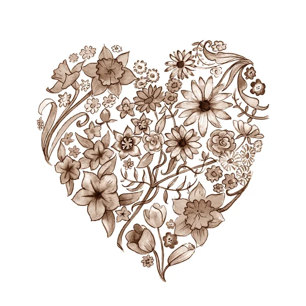Seppia Illustrazione del cuore floreale — Foto Stock