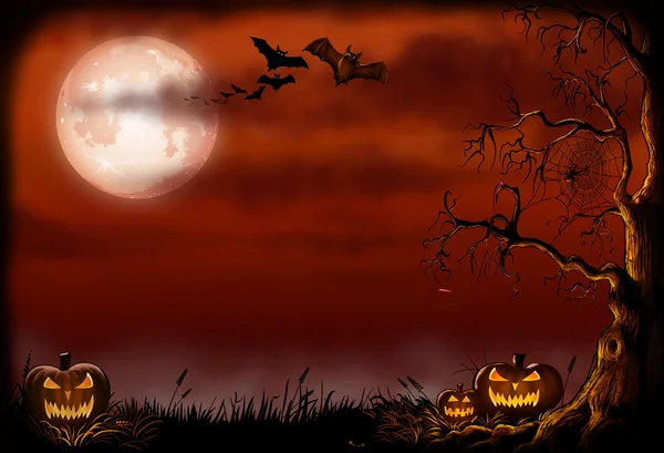 Inquietante scena di Halloween con zucche e pipistrelli — Foto Stock