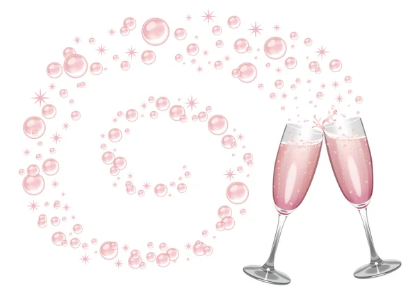 Pink Champagne in Clinking Glasses with a Swirl of Bubbles — Stock Vector