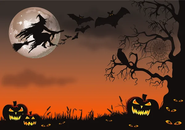 Halloween heks vliegen in uit van de maan — Stockvector