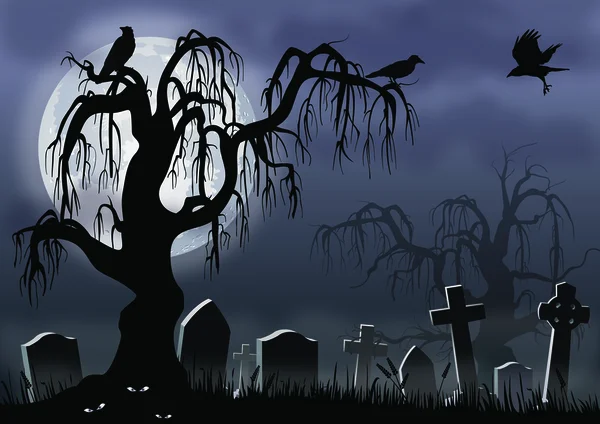 Misty Graveyard y un árbol espeluznante — Vector de stock