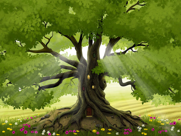 An old oak tree that is home to fairies. Digitally painted illustration.