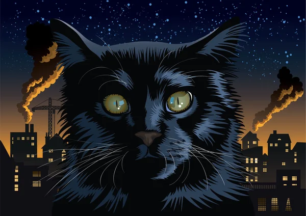 Black Cat in Town at Night. — Stock Vector