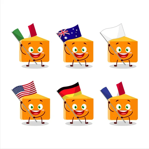 Pumpa tårta tecknad karaktär föra flaggor i olika länder — Stock vektor