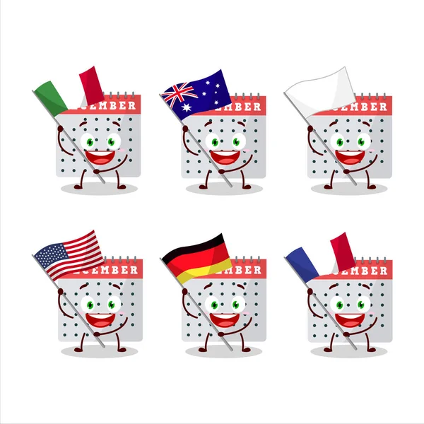 Dezember Kalender Cartoon Figur Bringen Die Flaggen Der Verschiedenen Länder — Stockvektor