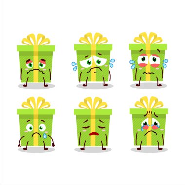 Yeşil Noel hediyesi karikatür karakteri hüzünlü bir ifadeyle. Vektör illüstrasyonu