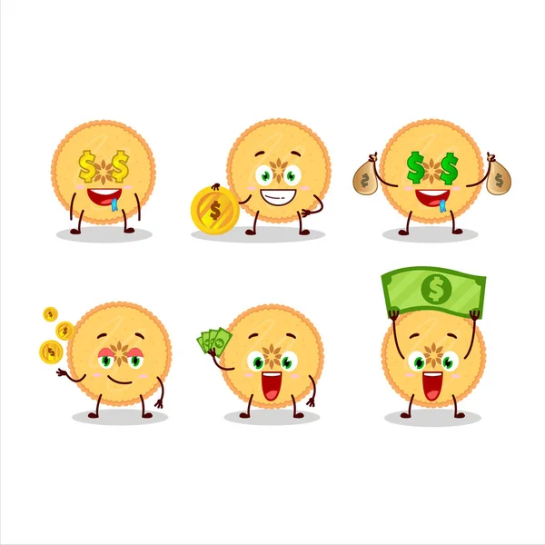 Hartige taart cartoon karakter met schattige emoticon brengen geld — Stockvector