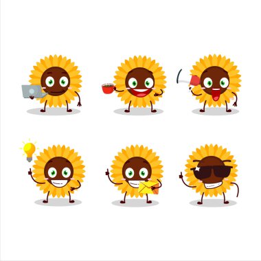 Çeşitli iş simgelerine sahip ayçiçeği çizgi film karakteri. Vektör illüstrasyonu