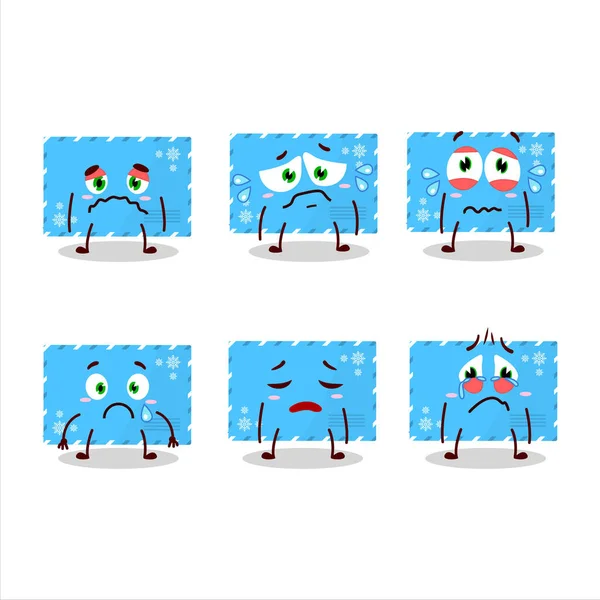 Blue christmas envelopes cartoon character with sad expression — Stock Vector