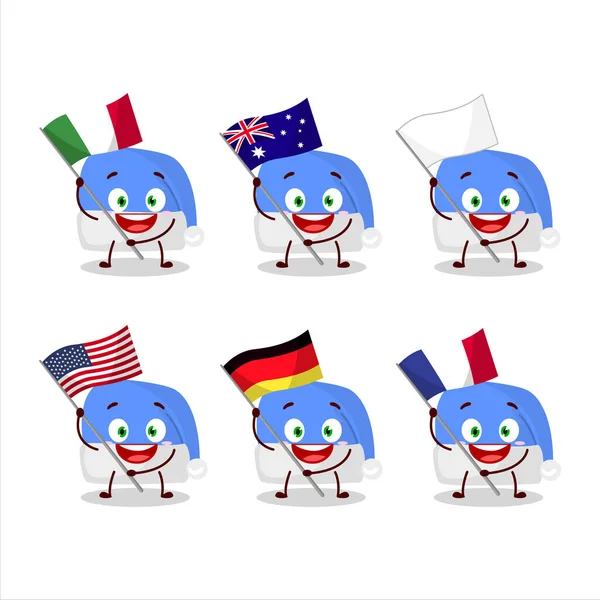 Blauwe kerstman hoed cartoon karakter brengen de vlaggen van verschillende landen — Stockvector