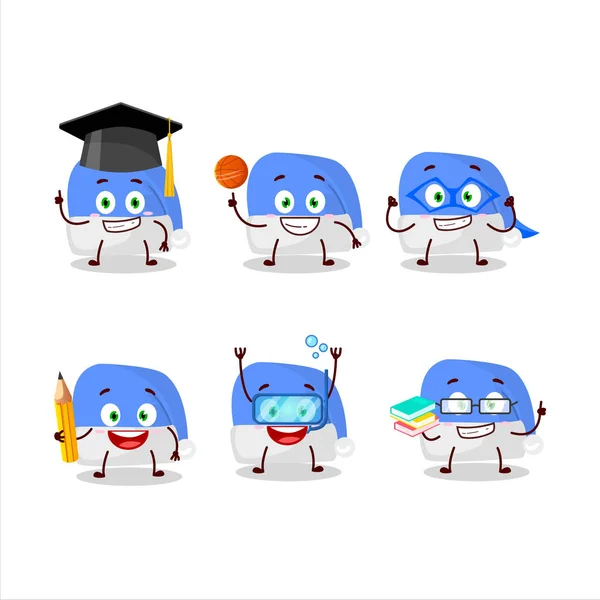 Estudiante de la escuela del personaje de dibujos animados azul del sombrero de santa con varias expresiones — Vector de stock