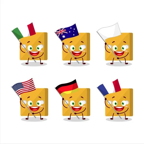 Personaje de dibujos animados dados amarillos traer las banderas de varios países — Archivo Imágenes Vectoriales