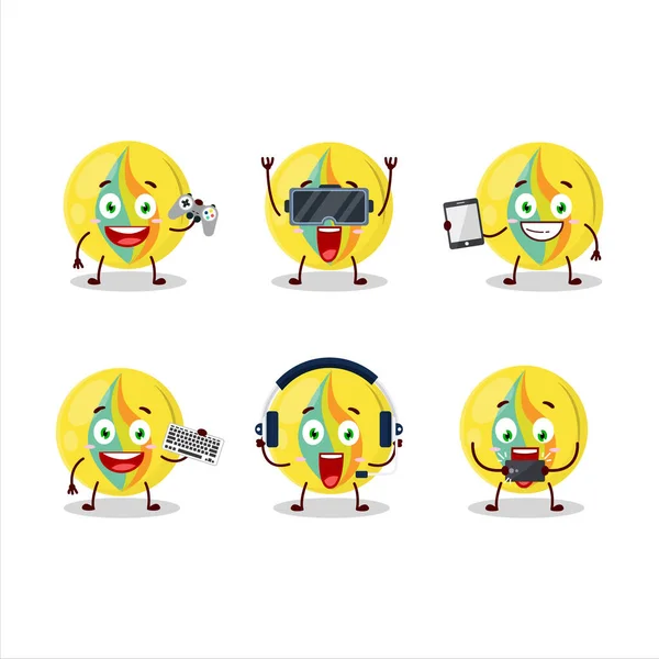 Gele knikkers stripfiguur zijn het spelen van games met verschillende leuke emoticons — Stockvector