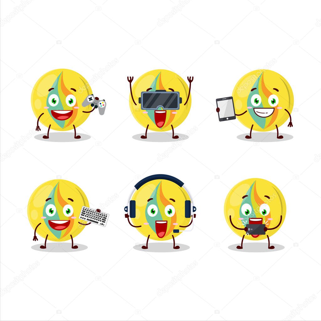 Yellow marbles cartoon character are playing games with various cute emoticons