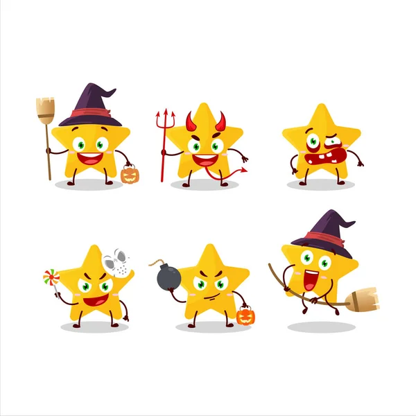Emoticons de expressão de Halloween com caráter de desenho animado de estrela amarela —  Vetores de Stock