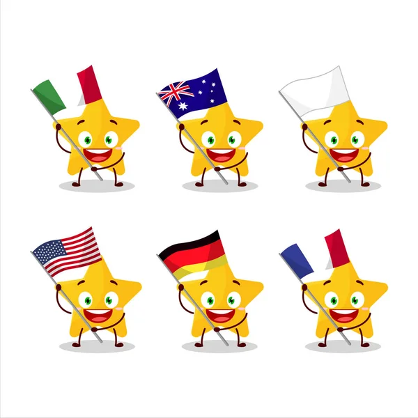 Stella gialla personaggio dei cartoni animati portare le bandiere di vari paesi — Vettoriale Stock