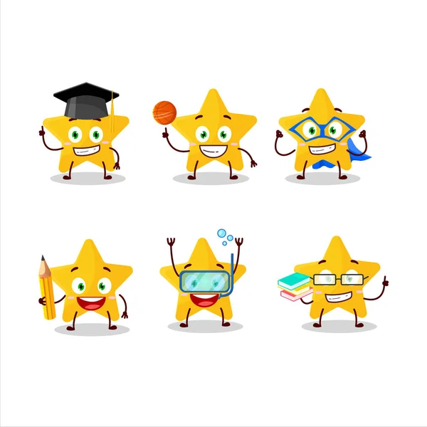 School student of yellow star cartoon character with various expressions — Stock Vector