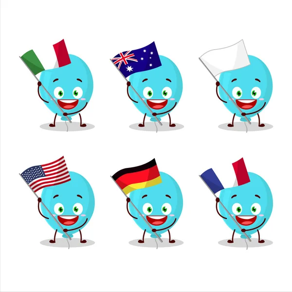 Blauwe ballon tekenfilm karakter brengen de vlaggen van verschillende landen — Stockvector