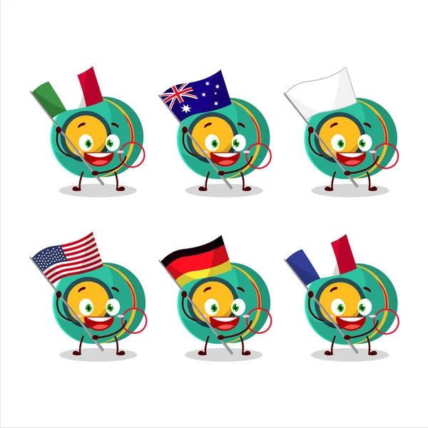 Kids yoyo stripfiguur brengen de vlaggen van verschillende landen — Stockvector