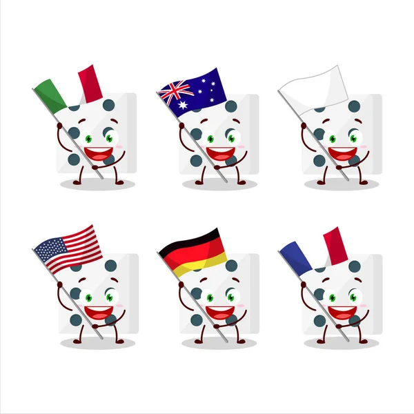 Witte dobbelstenen cartoon karakter brengen de vlaggen van verschillende landen — Stockvector