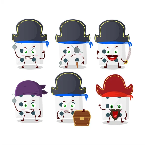 Personaje de dibujos animados de dados blancos con varios emoticonos piratas — Archivo Imágenes Vectoriales