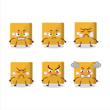 Çeşitli sinirli ifadeleri olan sarı zar çizgi film karakteri