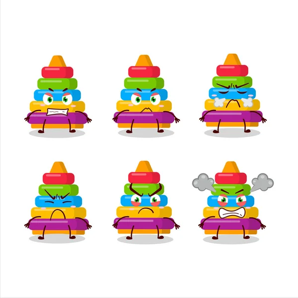 Pirámide bloque juguetes personaje de dibujos animados con varias expresiones enojadas — Vector de stock