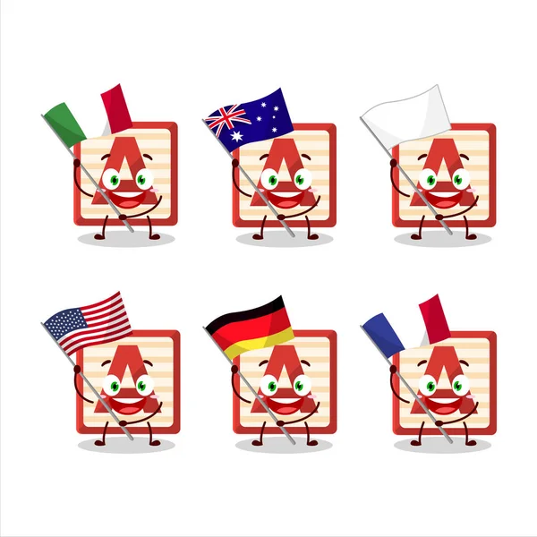 Παιχνίδι μπλοκ Ένας χαρακτήρας κινουμένων σχεδίων φέρει τις σημαίες των διαφόρων χωρών — Διανυσματικό Αρχείο