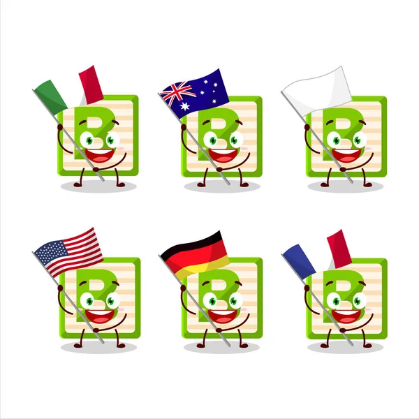 Toy block B cartoon character bring the flags of various countries — Stock Vector