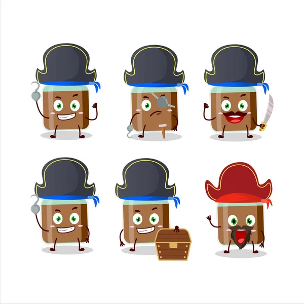 Personaje de dibujos animados de chocolate biberón de leche con varios emoticonos piratas — Vector de stock