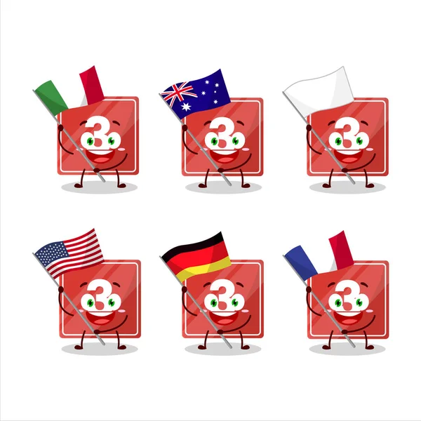 Παιχνίδια μπλοκ τρεις χαρακτήρα κινουμένων σχεδίων φέρει τις σημαίες των διαφόρων χωρών — Διανυσματικό Αρχείο