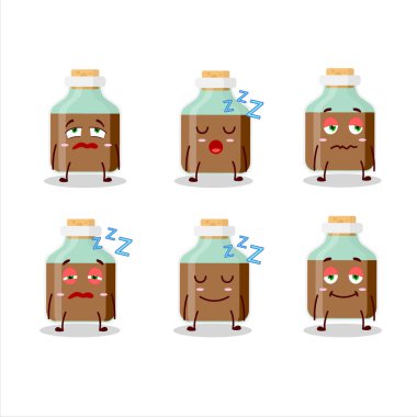 Uykulu ifadeli çikolatalı süt şişesinin çizgi film karakteri. Vektör çizimi.