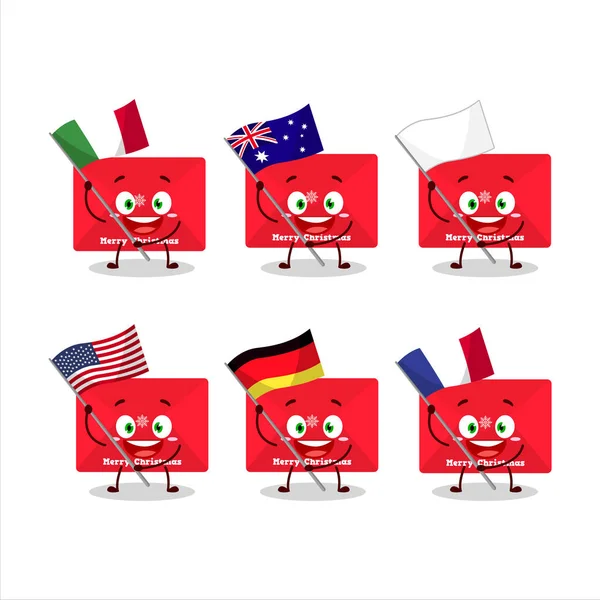 Rouge enveloppes de Noël personnage de bande dessinée apporter les drapeaux de divers pays — Image vectorielle