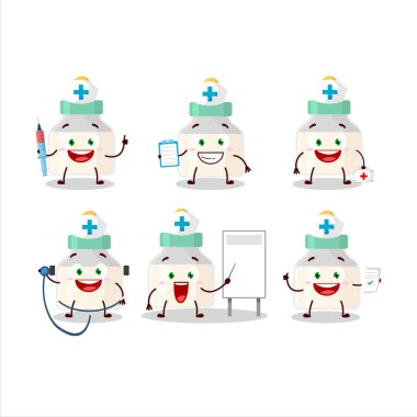 Beyaz süt çizgi film karakterli bebek emziği ile doktor mesleği simgesi. Vektör illüstrasyonu