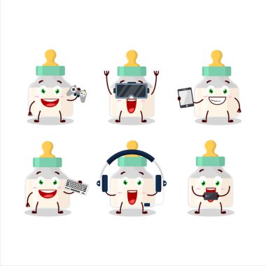 Beyaz süt karikatür karakterli bebek emziği çeşitli şirin ifadelerle oyunlar oynuyor. Vektör illüstrasyonu