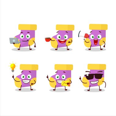 Çeşitli iş simgelerine sahip bebek mor çoraplı çizgi film karakteri. Vektör illüstrasyonu.